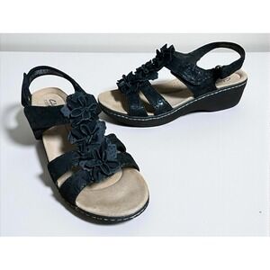Clark's Women's Soft Black Flowers‎ Roman Sandals Comfort Size 8M Merliah Sheryl